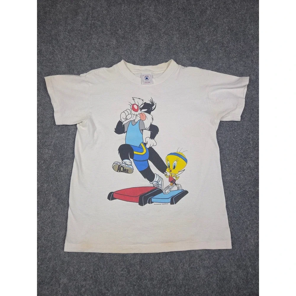 Vintage 90s Looney Tunes T Shirt Mens S White Sylvester Tweety Bird Workout 1994 - Picture 1 of 10
